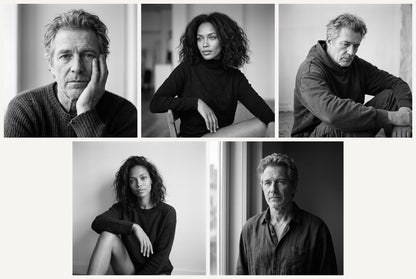 Five black-and-white AI portrait prompt examples featuring seated poses, soft film grain and natural window light, The Prompt Nest PDF.