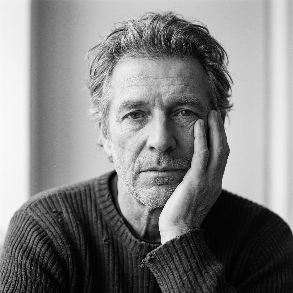 Black-and-white analog AI portrait of a grey-haired man resting his face on one hand, example from five monochrome photo prompts PDF.