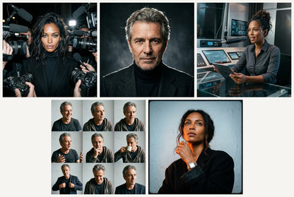 Five AI editorial portrait photography examples: press scrum, studio headshot, podcast presenter, facial expression collage and dramatic orange-lit portrait | The Prompt Nest