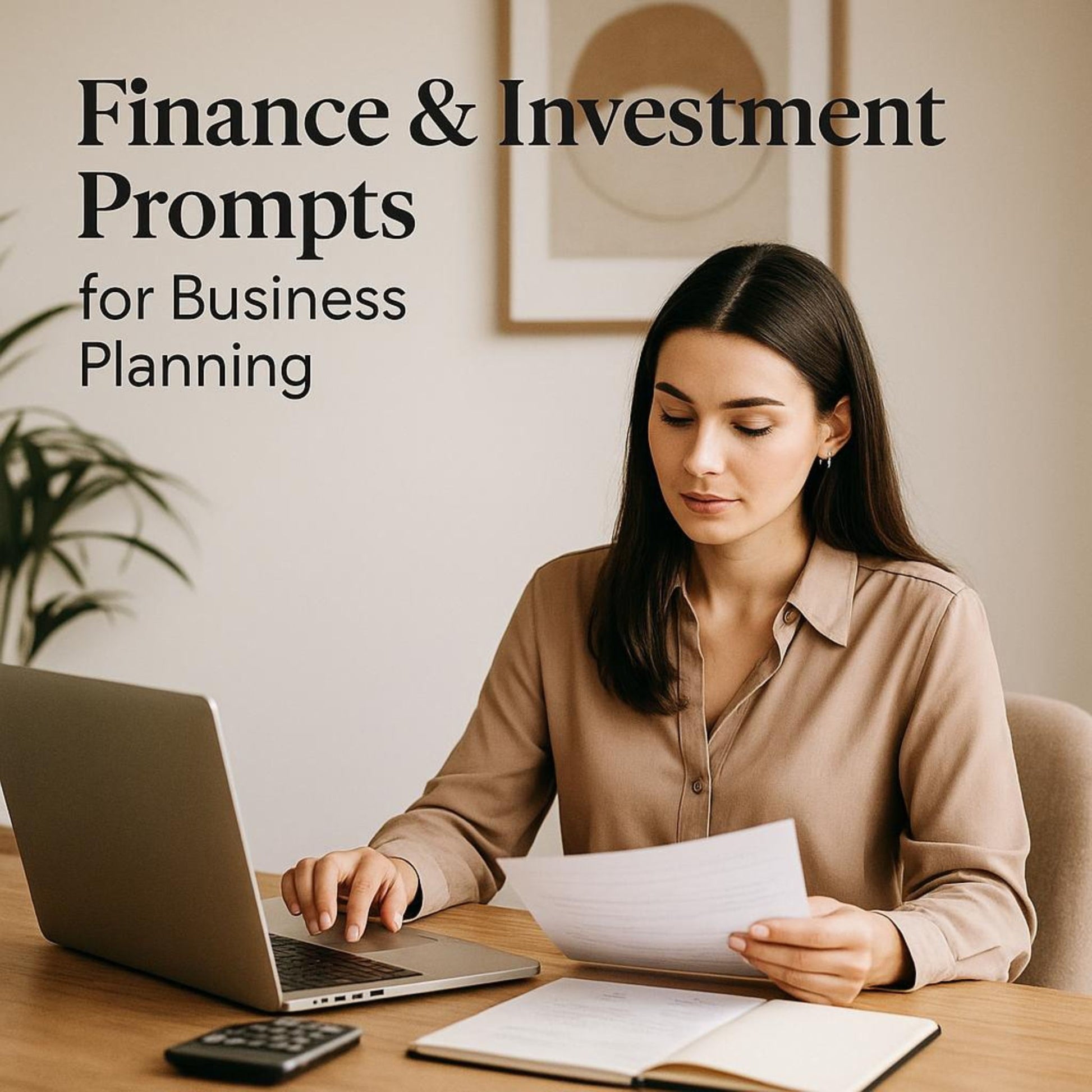 A stylish indoor office space with soft light, plants, and finance-themed objects – promoting an AI finance prompt for entrepreneurs and freelancers.