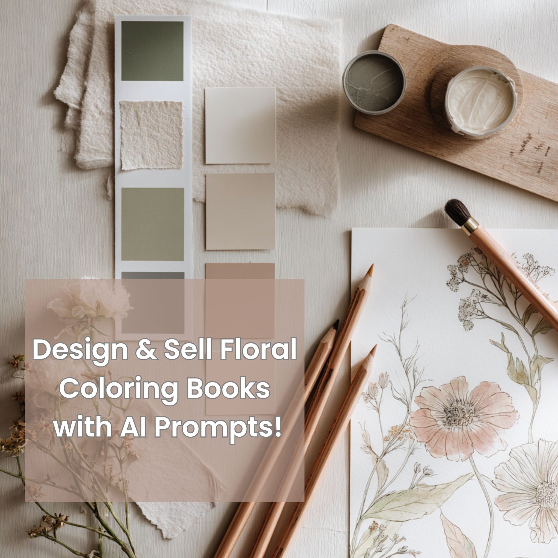 displaying floral coloring book page with text overlay promoting AI prompts guide for designing and selling online