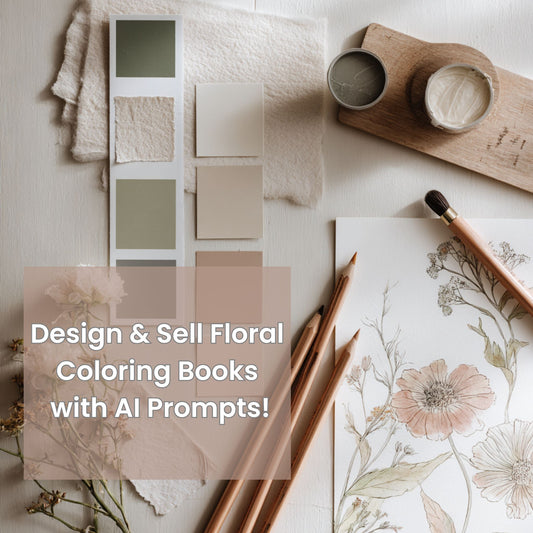 displaying floral coloring book page with text overlay promoting AI prompts guide for designing and selling online