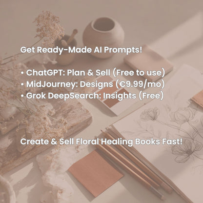 Infographic showing AI tools like ChatGPT and MidJourney for creating and selling floral coloring books with prompts