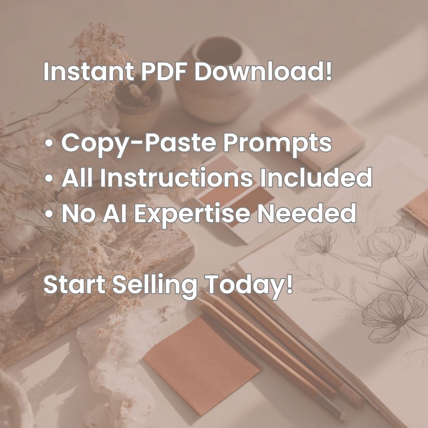 Digital mockup of PDF with text highlighting instant download and easy AI prompts for floral coloring books