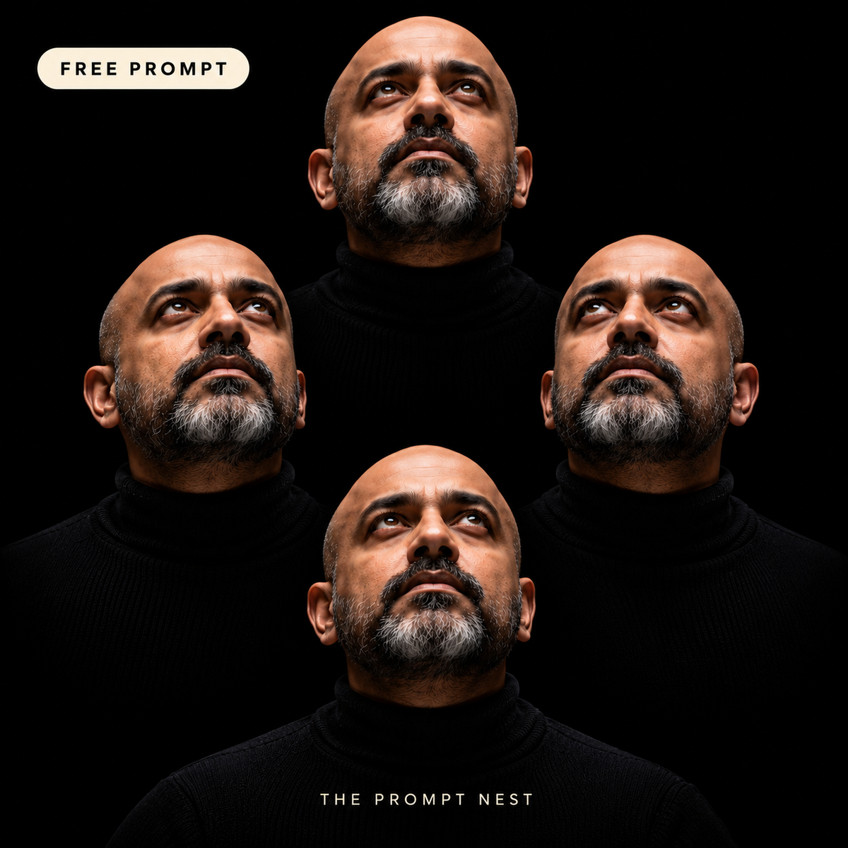 The Prompt Nest free four-face portrait example: four identical portraits of a bald bearded man form a diamond on a black background.