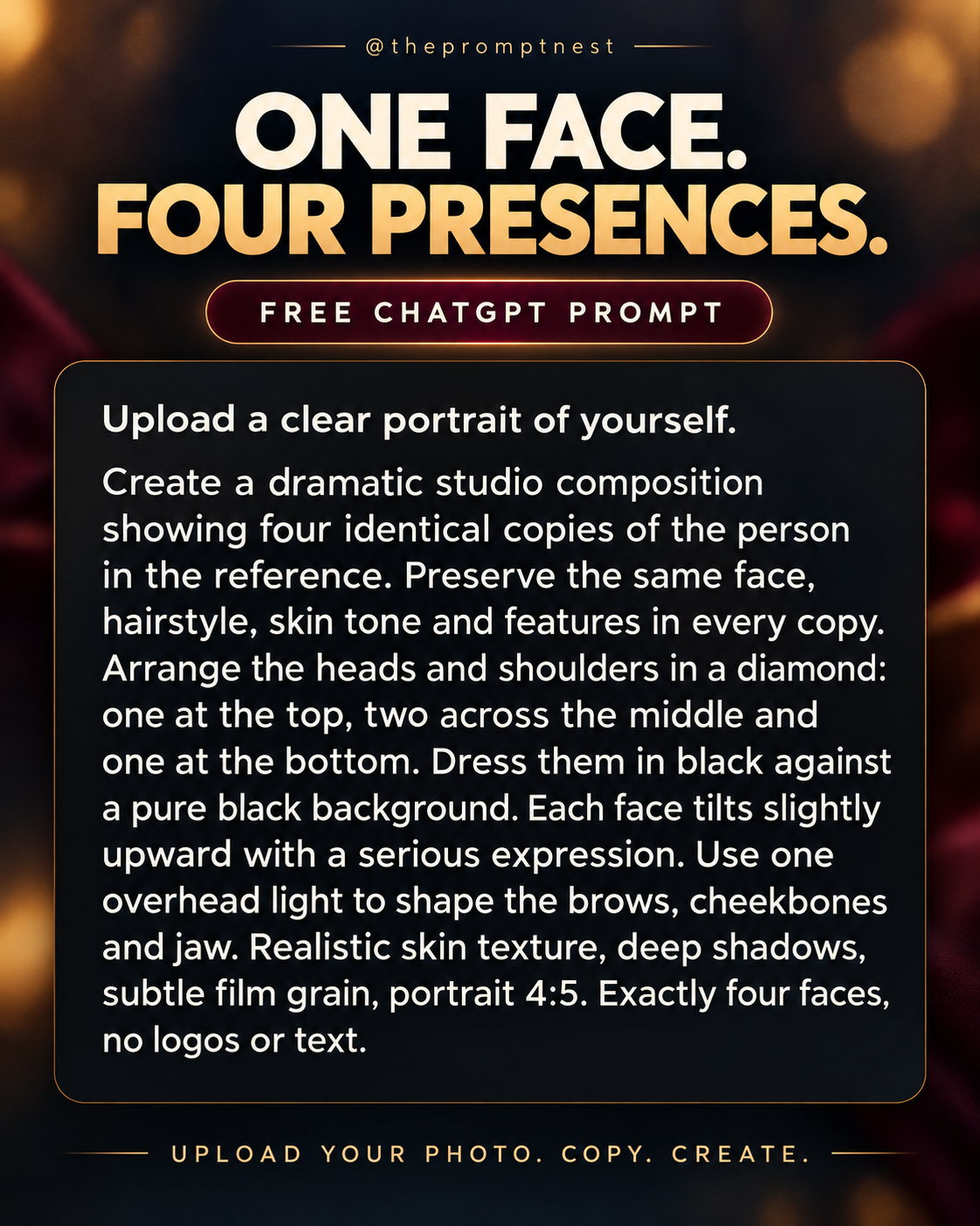 The Prompt Nest readable full prompt for AI Portrait Prompt – Four Faces, One Dramatic Portrait. Copyable text is also provided on the product page.