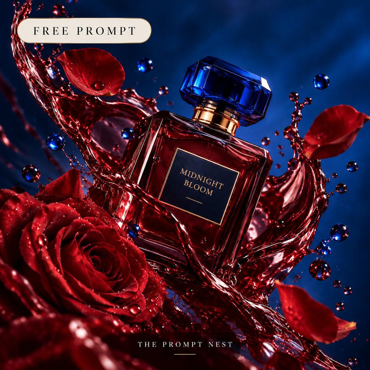 The Prompt Nest free perfume photography example: Midnight Bloom burgundy glass bottle with a cobalt cap, red liquid splash and rose petals.