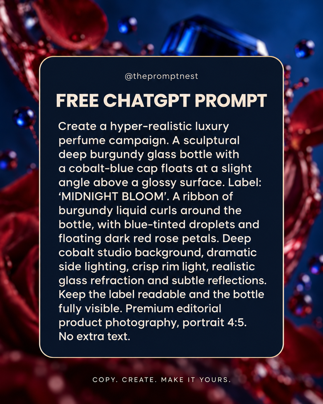 The Prompt Nest readable full prompt for AI Product Photography Prompt – Midnight Bloom Perfume. Copyable text is also provided on the product page.