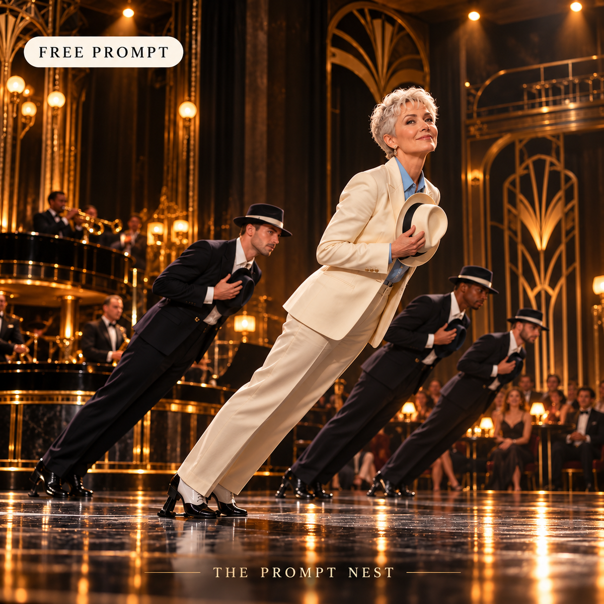 The Prompt Nest free cinematic portrait example: a silver-haired woman in an ivory suit leans forward with dancers in a golden Art Deco club.
