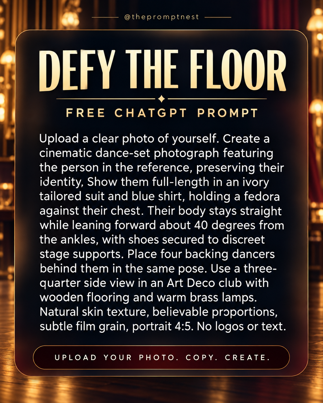 The Prompt Nest readable full prompt for Cinematic AI Portrait Prompt – Impossible Dance Pose. Copyable text is also provided on the product page.