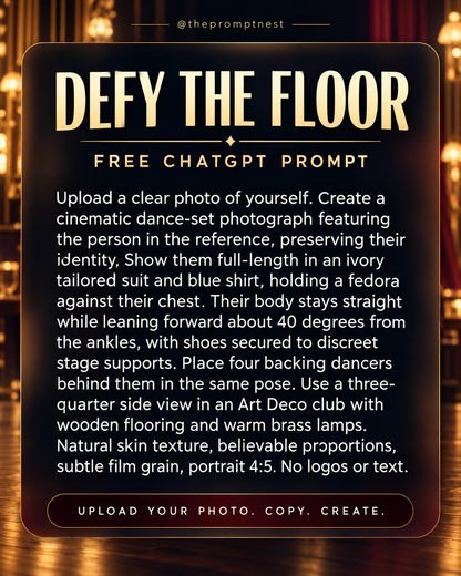 The Prompt Nest readable full prompt for Cinematic AI Portrait Prompt – Impossible Dance Pose. Copyable text is also provided on the product page.
