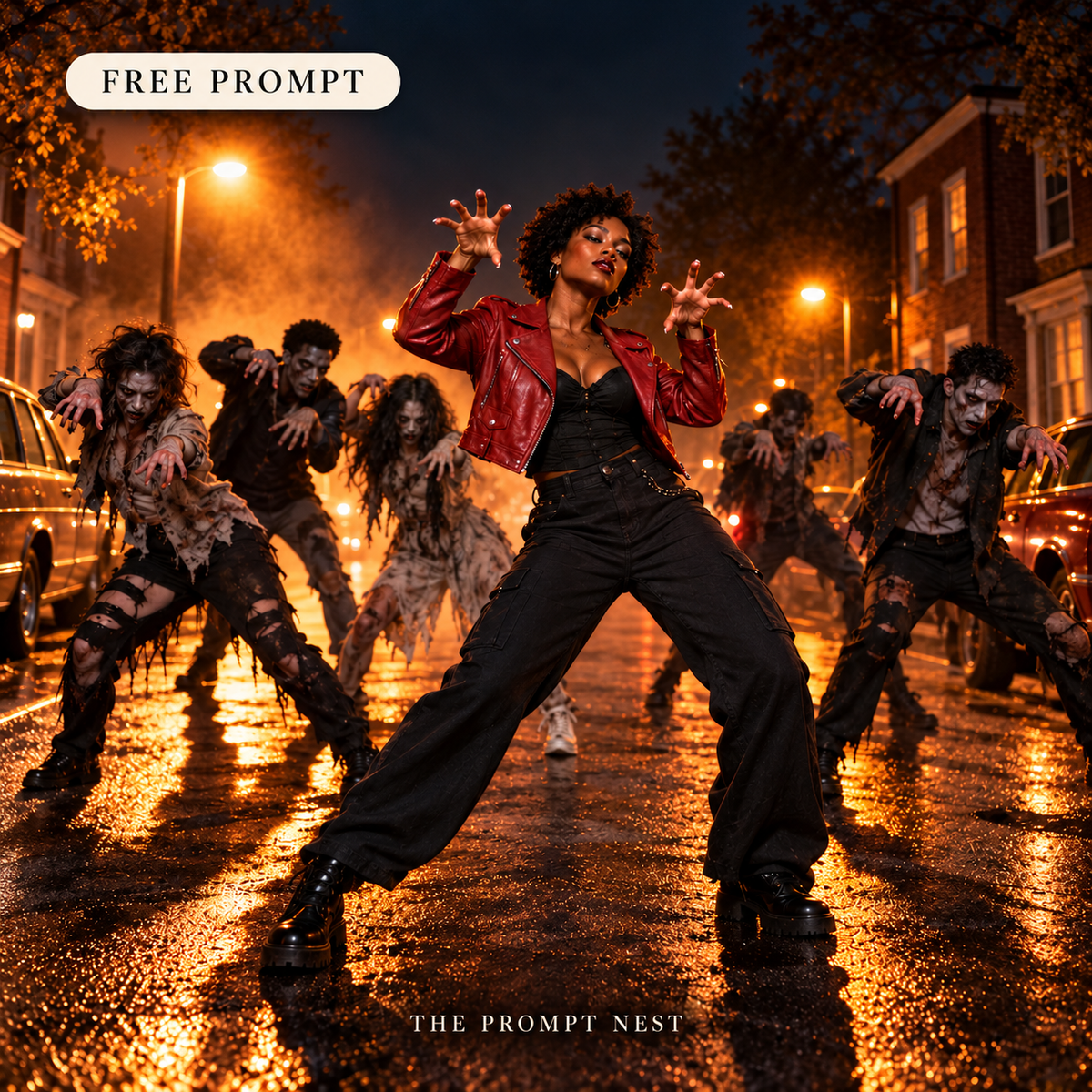 The Prompt Nest free Halloween prompt example: a woman in a red leather jacket leads zombie dancers on an amber-lit wet street.