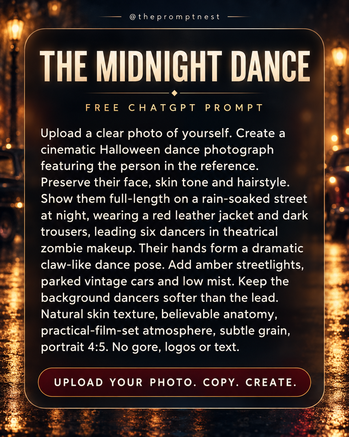 The Prompt Nest readable full prompt for Halloween AI Photo Prompt – Midnight Zombie Dance. Copyable text is also provided on the product page.