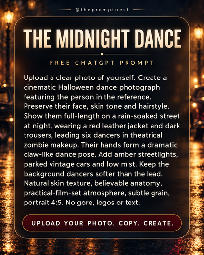 The Prompt Nest readable full prompt for Halloween AI Photo Prompt – Midnight Zombie Dance. Copyable text is also provided on the product page.