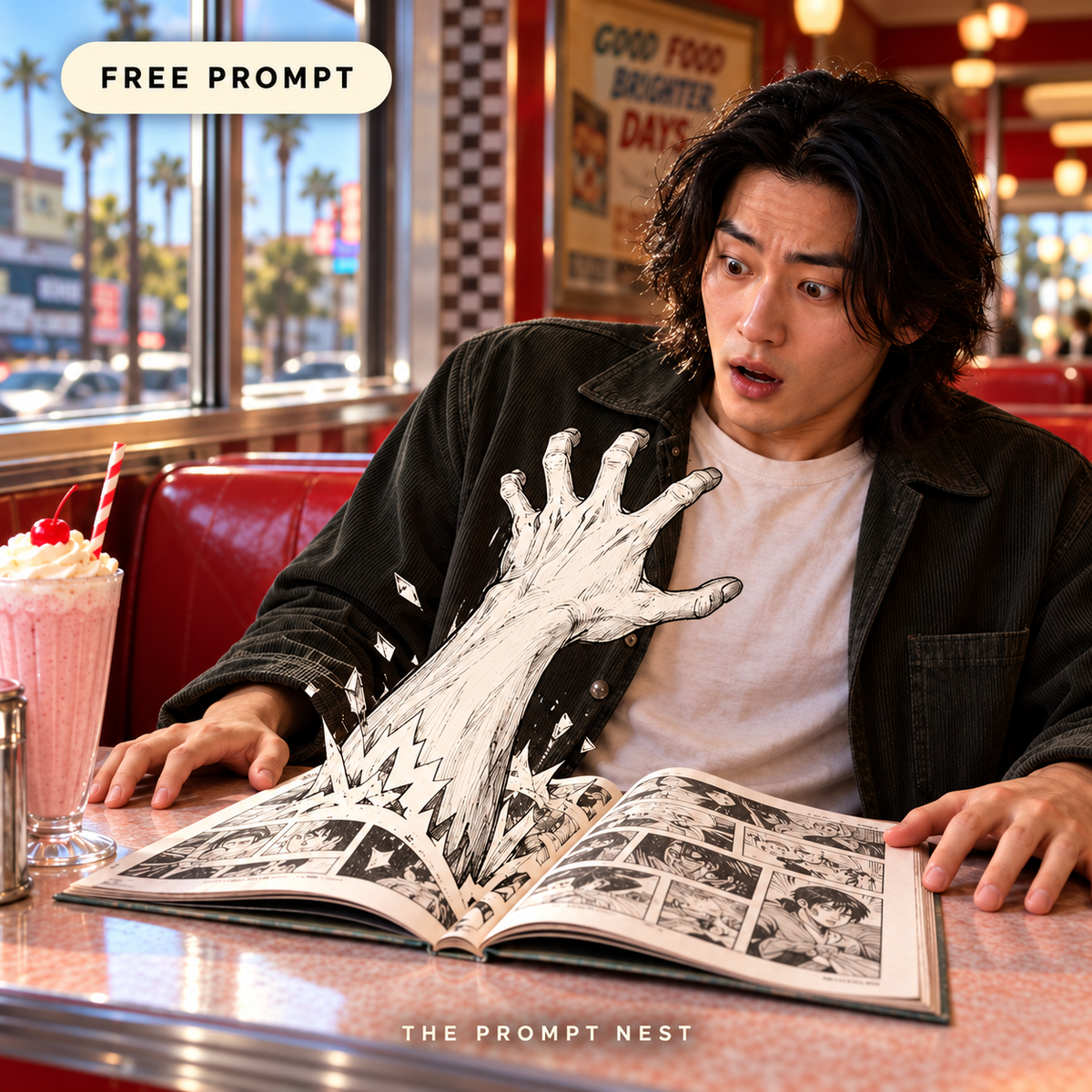 The Prompt Nest free surreal prompt example: a man in a red diner booth watches a pencil-drawn hand rise from an open comic.