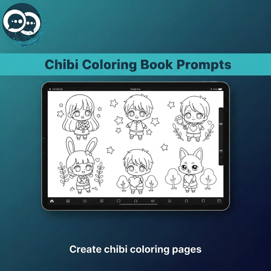 Tablet displaying six chibi coloring characters with large eyes and small bodies against a teal and navy background
