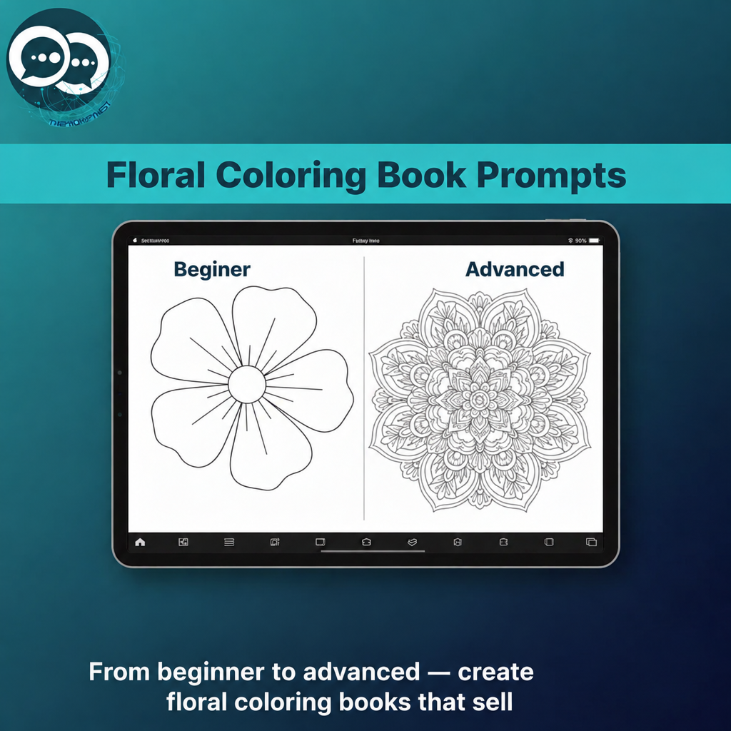 Floral coloring book prompts with beginner and advanced floral line art