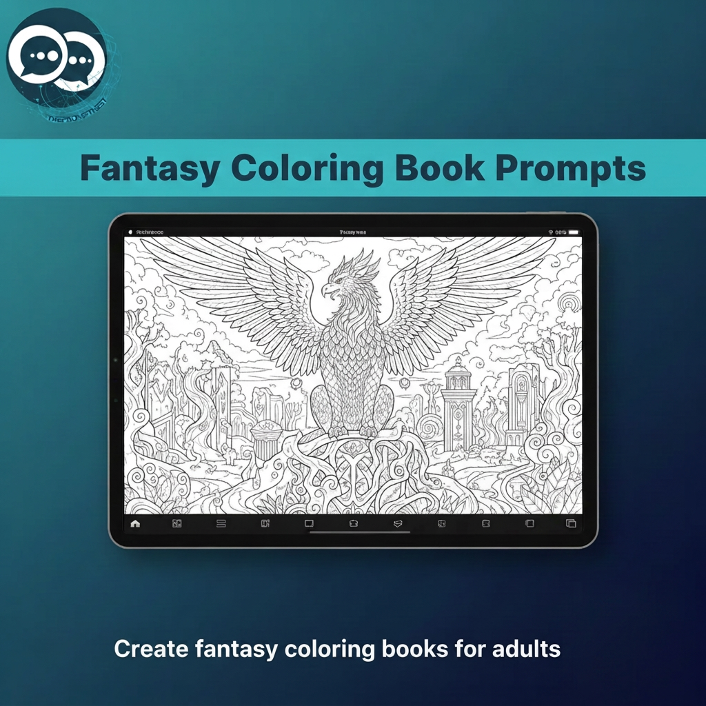 Tablet displaying a detailed winged fantasy bird coloring page against a teal and navy background
