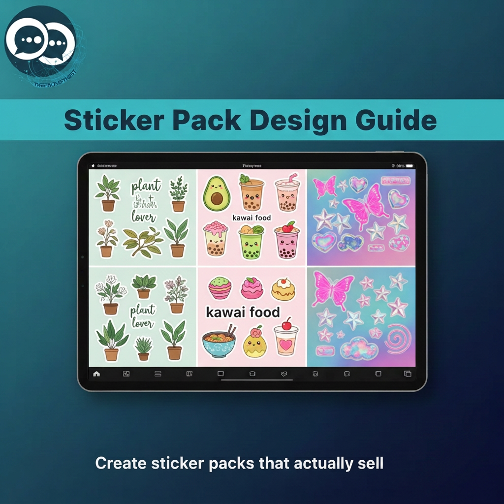 Tablet displaying coordinated plant, cute food and pastel butterfly sticker designs on a teal and navy background