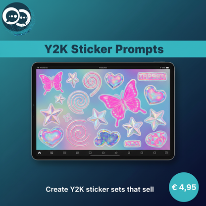 Y2K aesthetic sticker AI prompt by The Prompt Nest – structured prompt system to create holographic retro Y2K digital sticker sets for digital product sellers