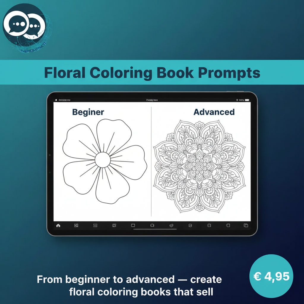 Floral Coloring Book Prompts – beginner to advanced split-screen product card
