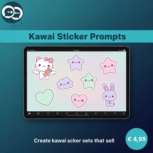 Kawaii sticker AI prompt by The Prompt Nest – structured prompt system to create cohesive chibi and pastel kawaii digital sticker sets for digital product sellers