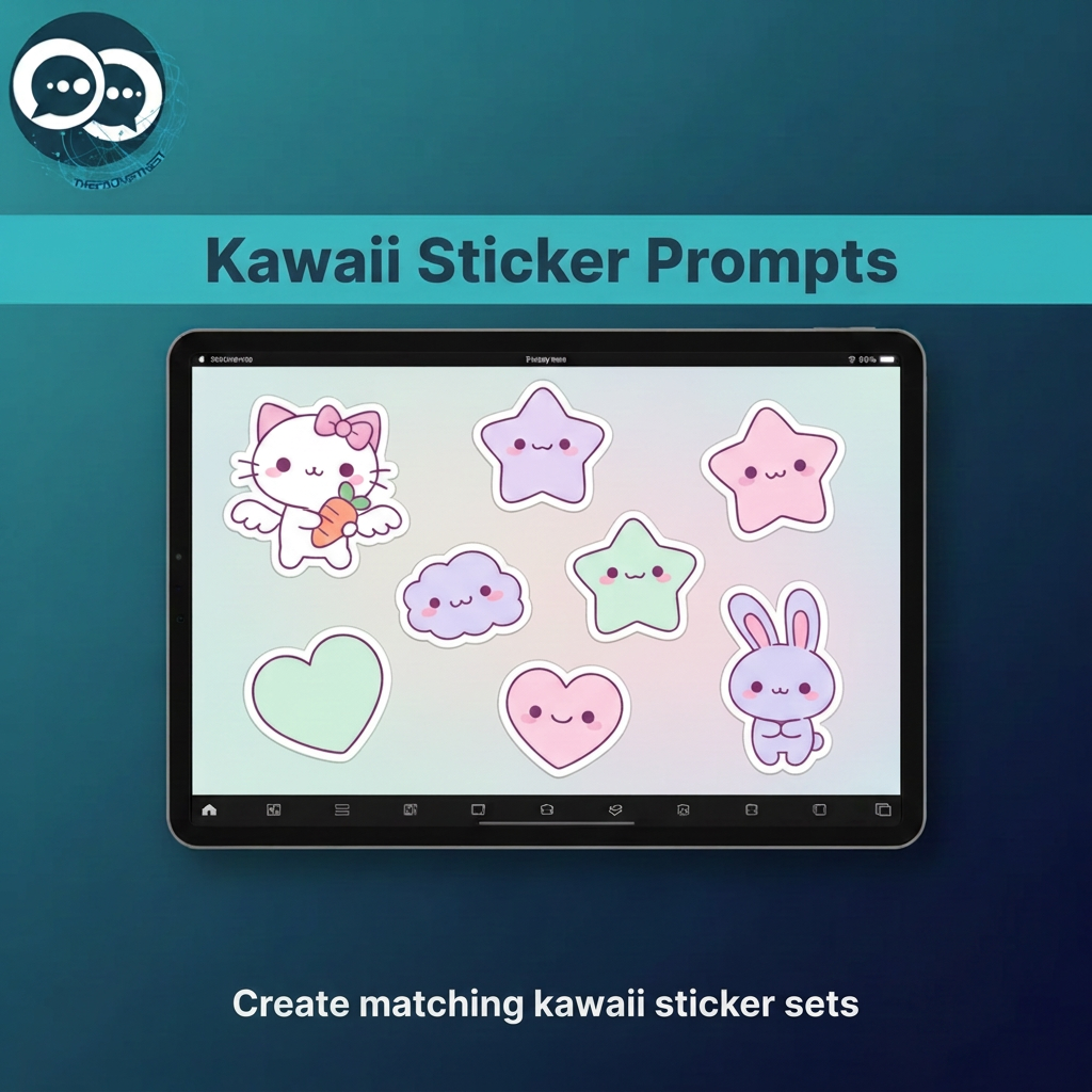 Tablet displaying pastel cat, rabbit, star and heart sticker designs on a teal Kawaii Sticker Prompts product card.