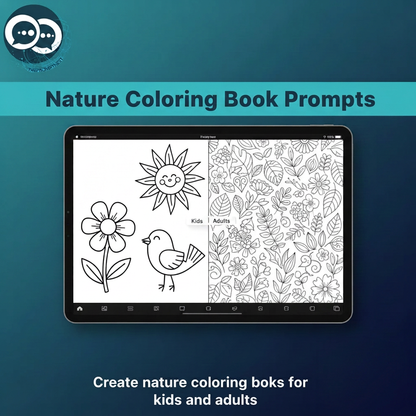 Tablet showing simple flower, sun and bird coloring outlines beside detailed botanical coloring patterns