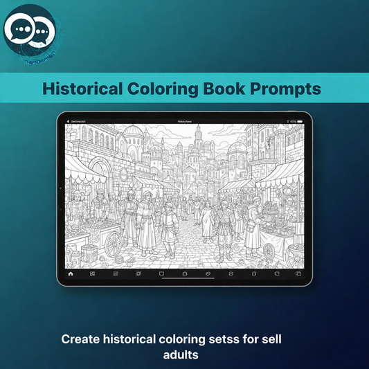 Historical coloring book AI prompts with a detailed marketplace coloring scene displayed on a tablet