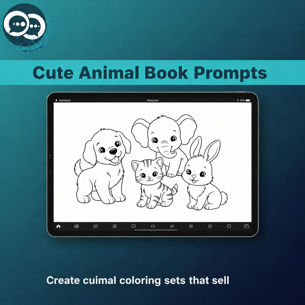 Cute animal coloring book prompts with puppy, elephant, kitten and rabbit line art on a tablet