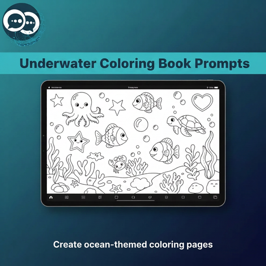 Tablet displaying an ocean coloring page with fish, an octopus, a turtle and coral on a teal and navy background