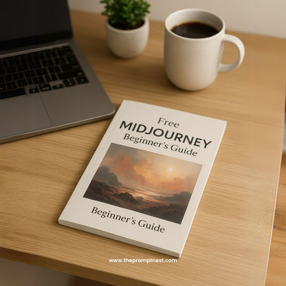 Aesthetic flat lay mockup of a printed MidJourney beginner roadmap on a wooden desk with cozy elements like a coffee cup, notebook, and neutral decor.