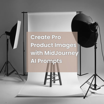 showing photorealistic AI product image with text overlay promoting MidJourney prompts for pro designs