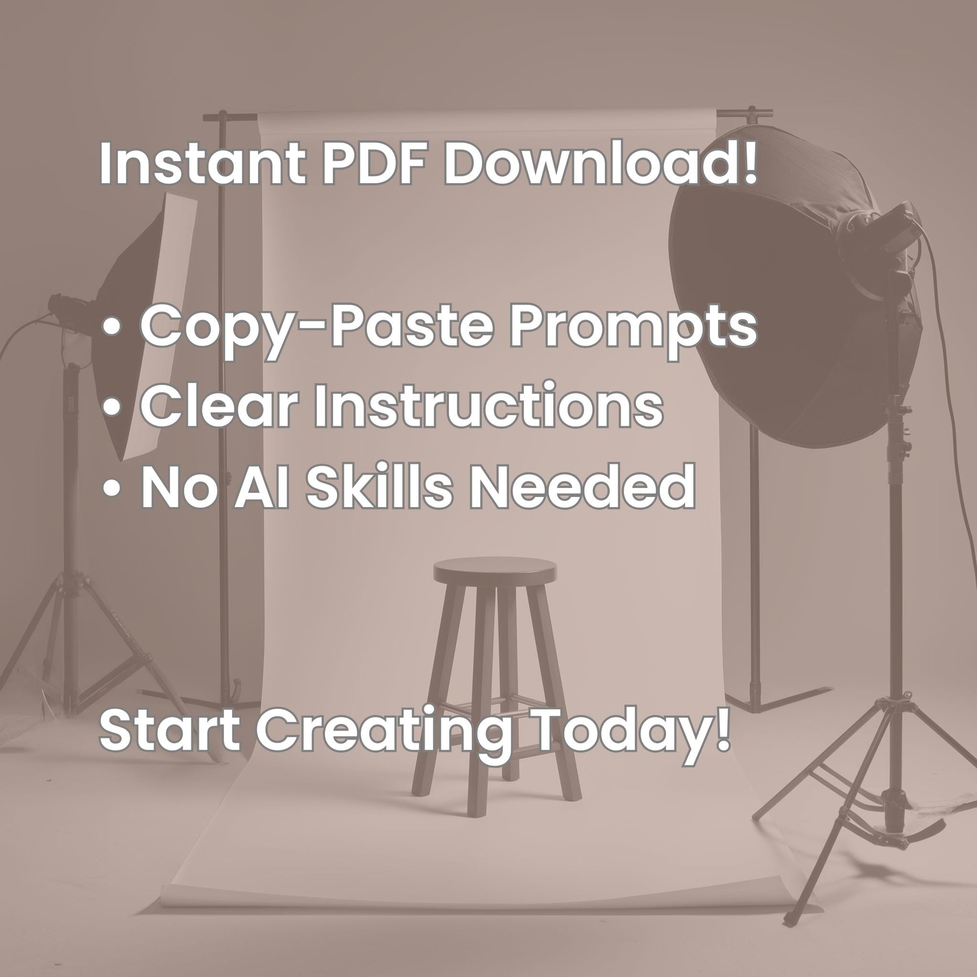 Digital mockup of PDF with text promoting instant download and easy MidJourney prompts for pro product images