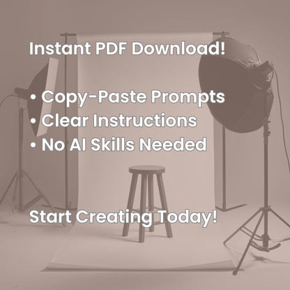 Digital mockup of PDF with text promoting instant download and easy MidJourney prompts for pro product images