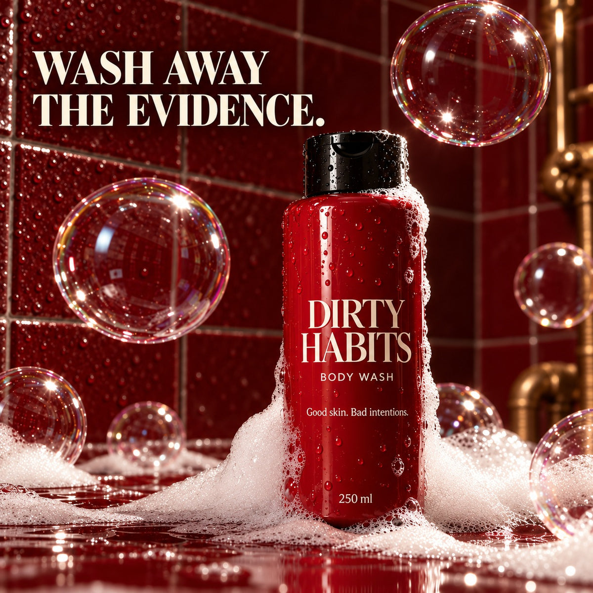 Red Dirty Habits bodywash bottle in foam and floating bubbles, with the headline Wash away the evidence.