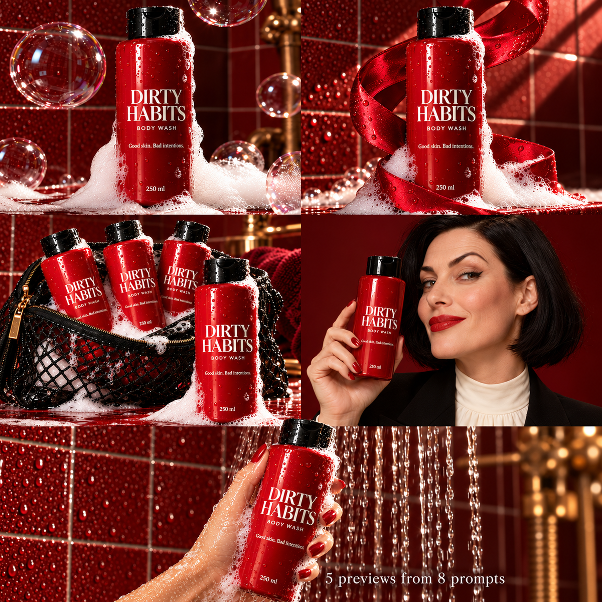 Five Dirty Habits bodywash photography examples: bubbles, red ribbon, a mesh bag, a glamour portrait and a bottle held under running water.
