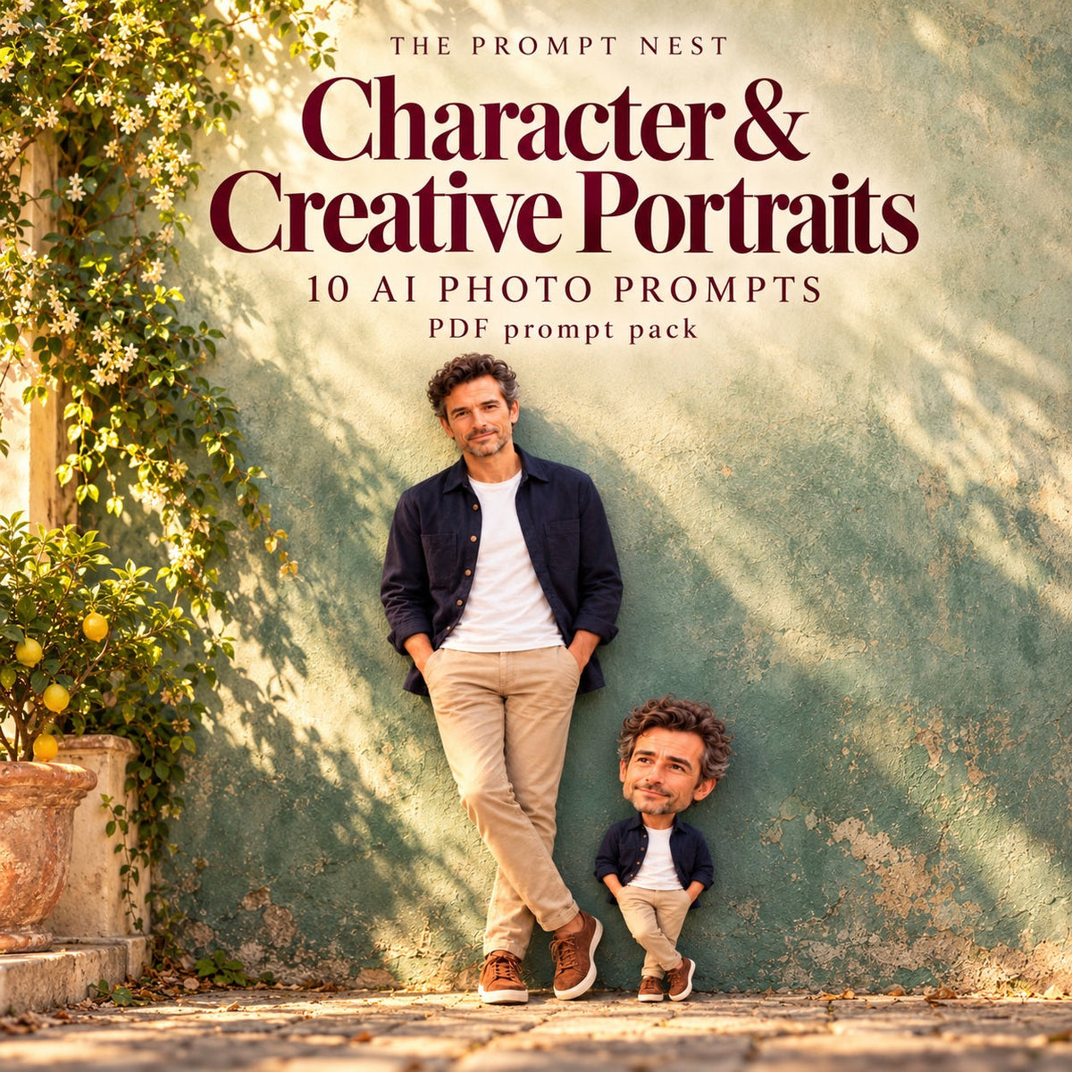 Character & Creative Portraits ten-prompt PDF cover: a salt-and-pepper-haired man and his matching miniature against a sunlit green wall.