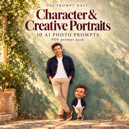 Character & Creative Portraits ten-prompt PDF cover: a salt-and-pepper-haired man and his matching miniature against a sunlit green wall.