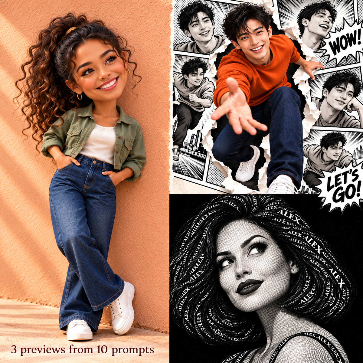 A miniature woman, a comic-panel pop-out and a typographic portrait: three previews from the ten-prompt PDF.