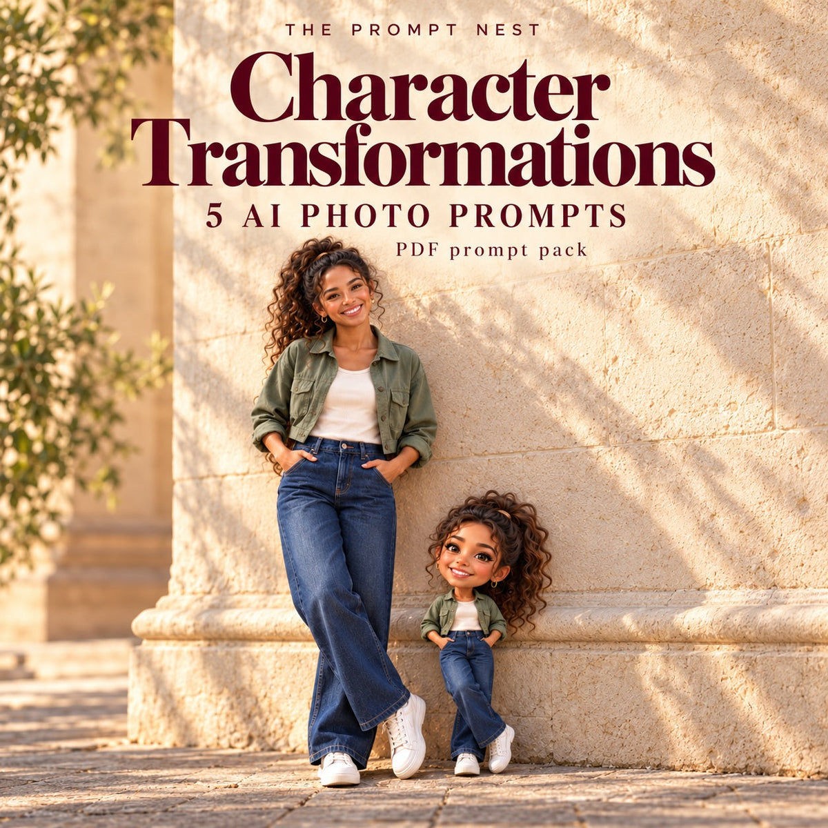 Character Transformations five-prompt PDF cover: a young curly-haired woman in a sage jacket and her matching miniature beside a sunlit limestone wall.