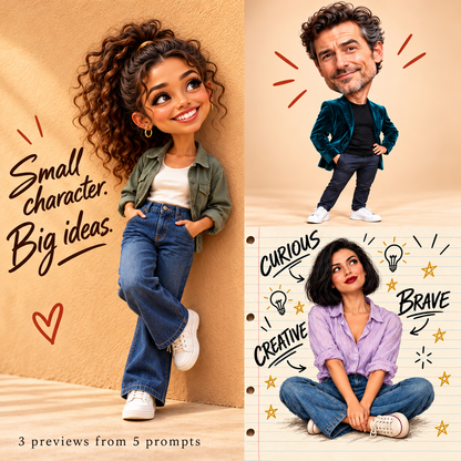 A curly-haired miniature woman, older male caricature and illustrated notebook portrait: three character transformation examples.
