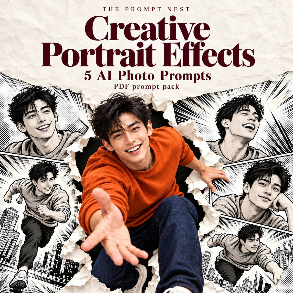 Creative Portrait Effects five-prompt PDF cover: a smiling young man in an orange sweatshirt breaks out of black-and-white comic panels.