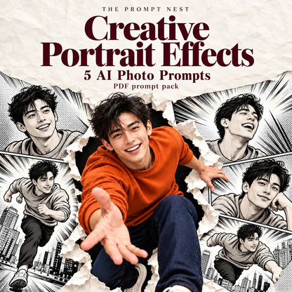 Creative Portrait Effects five-prompt PDF cover: a smiling young man in an orange sweatshirt breaks out of black-and-white comic panels.