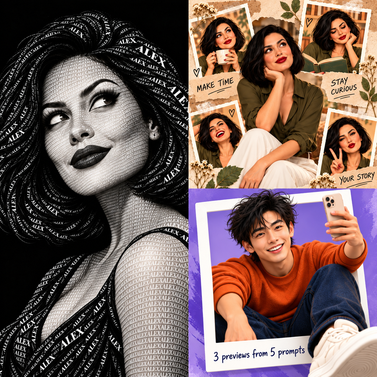 A portrait made of words, scrapbook collage and social media pop-out: three creative portrait examples.