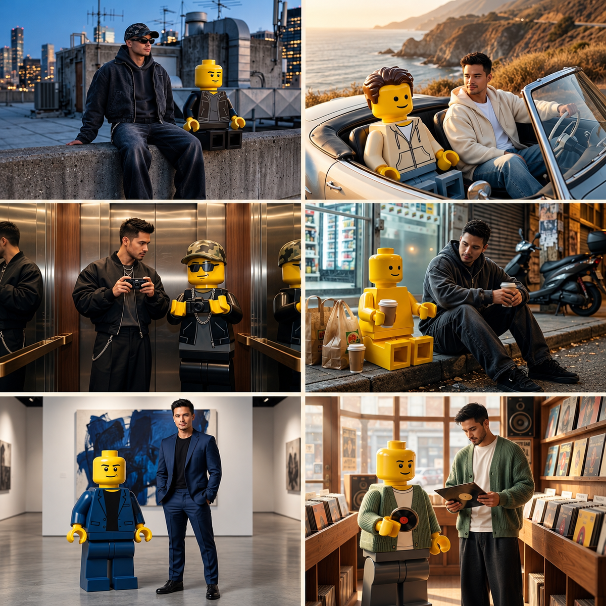 Six sample scenes from the LEGO Alter Ego 10 AI prompts collection: rooftop, convertible, elevator, store, gallery and record shop.