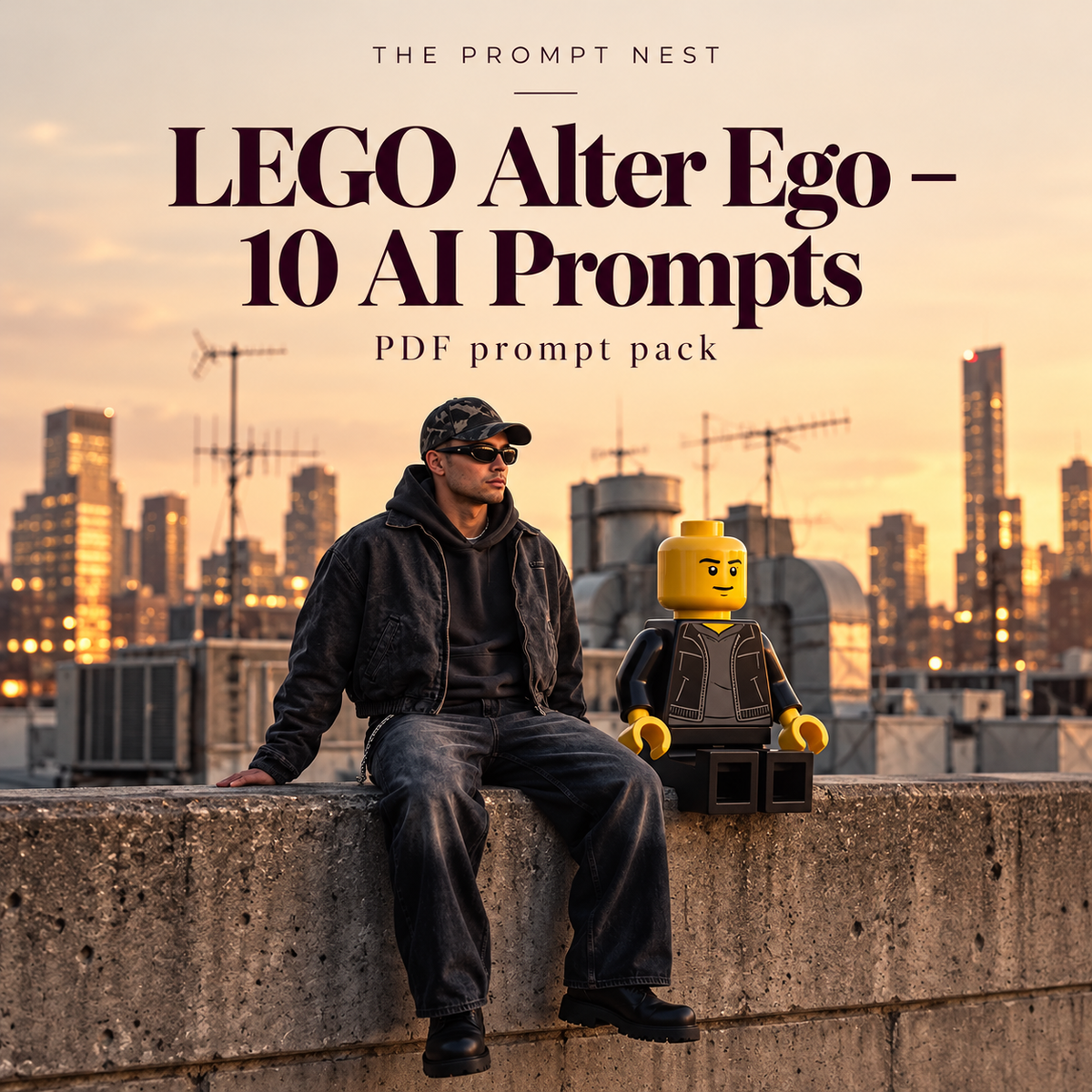 LEGO Alter Ego 10 AI portrait prompts PDF, cinematic rooftop image of man beside his life-sized yellow minifigure.