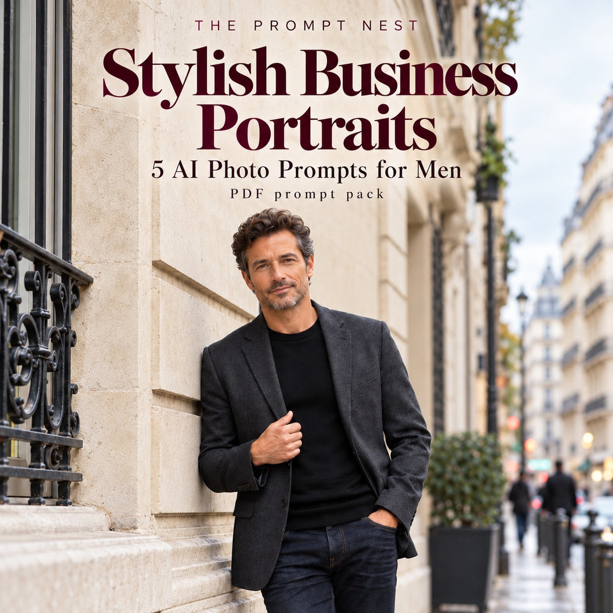 Stylish Business Portraits five-prompt PDF cover: a lightly grey-haired man in a charcoal blazer on a limestone city street.