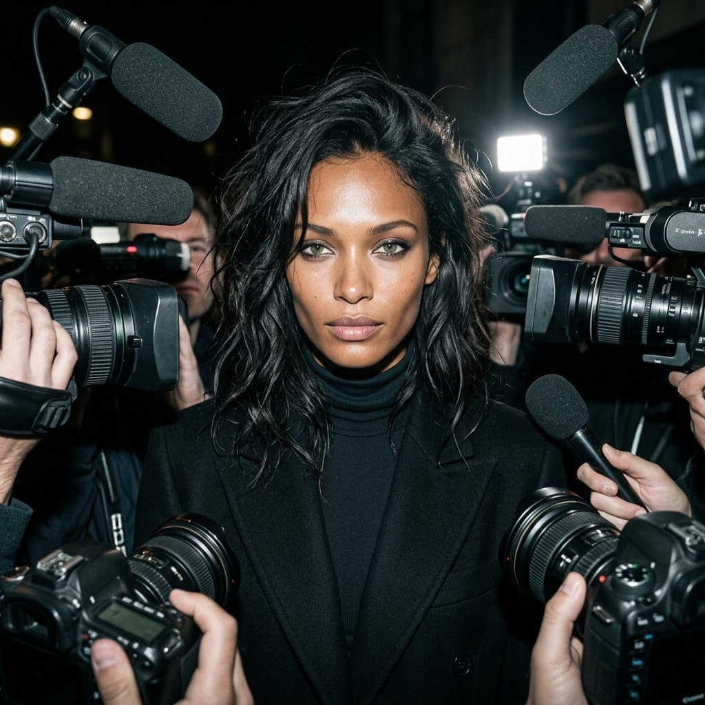 AI editorial portrait of woman surrounded by press photographers, microphones and cameras; paparazzi-style photo prompt example by The Prompt Nest