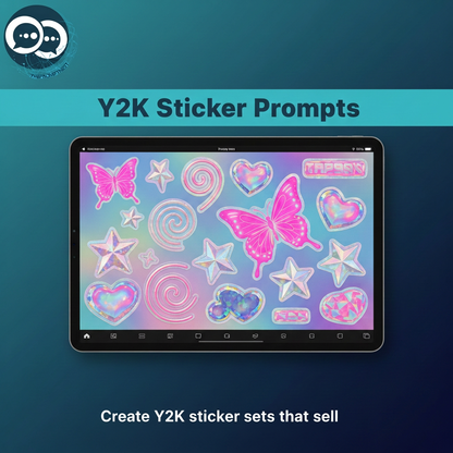 Tablet displaying pastel holographic butterflies, hearts and stars on a teal Y2K Sticker Prompts product card.